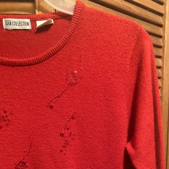 Tian Collection Red Knit Sweater with Sequins Front & Beaded Hem - Picture 6 of 16